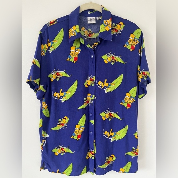 The Simpsons Bart & Milhouse Surfing Hawaiian Rayon Button Up Shirt  Sz M *B - Picture 1 of 3